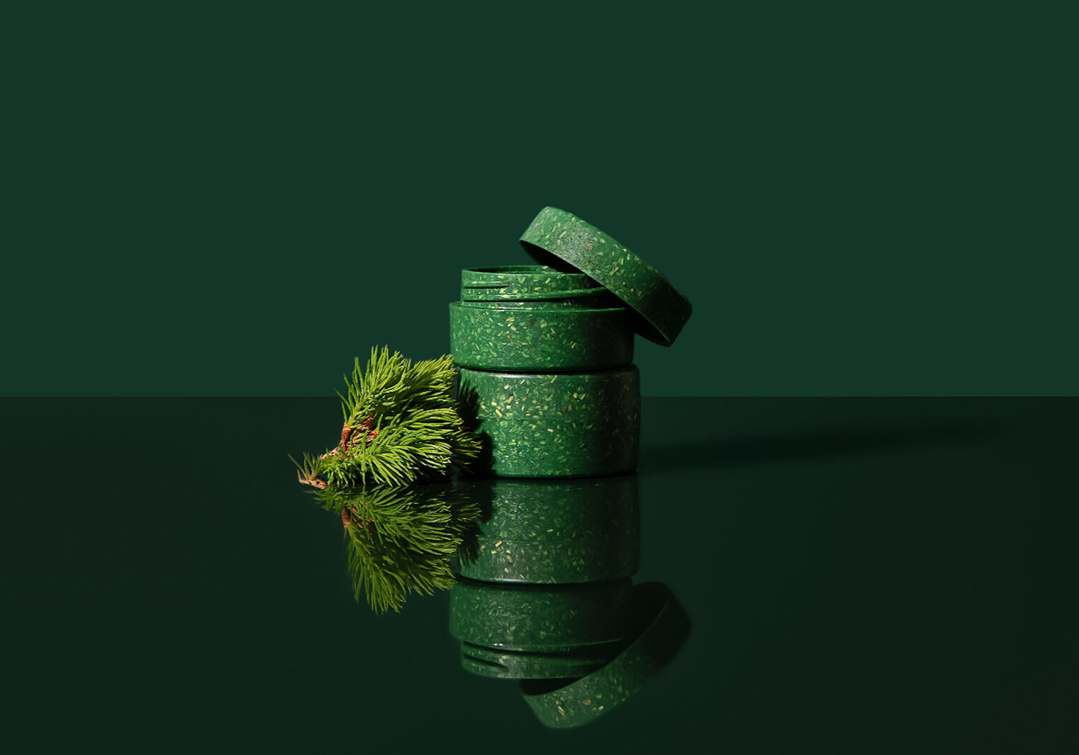 Nature themed product photo showcasing a biodegradable cosmetics jar and greenery found in Finnish forests.